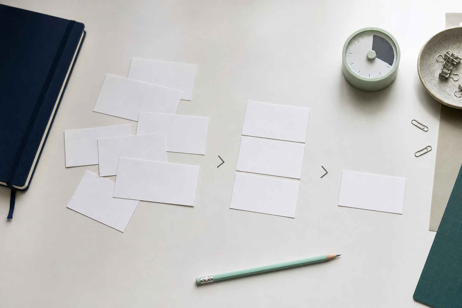 Werktafel met blanco kaartjes die van een brede verzameling naar één afgebakend onderwerp lopen
